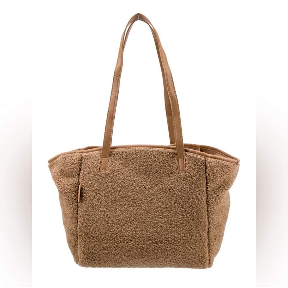NEIMAN MARCUS Reversible Shearling Tote Leather Trim Camel Sherpa Fuzzy Bag